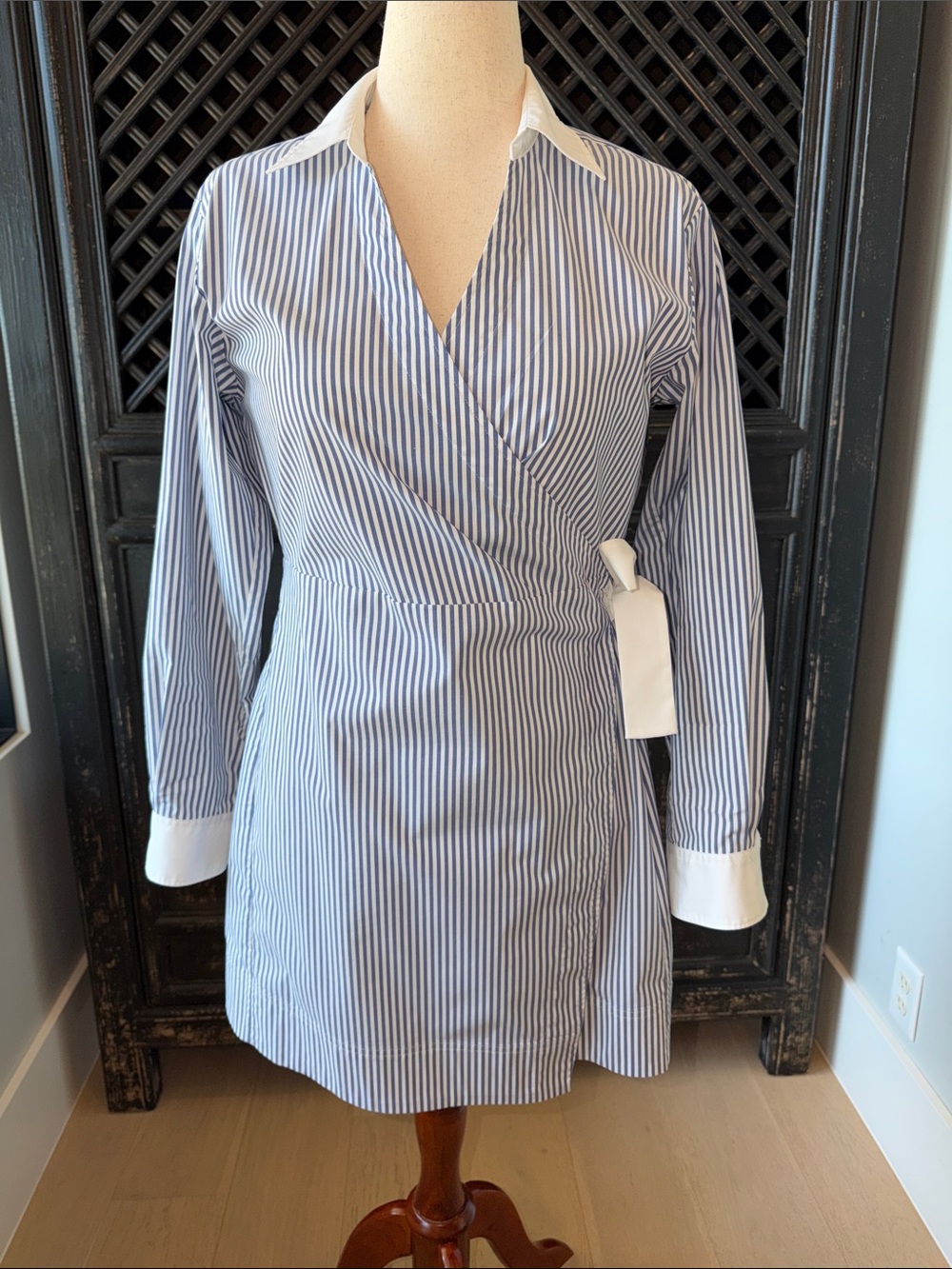 SPANX Blue and White Striped Wrap-Style Long-Sleeve Dress